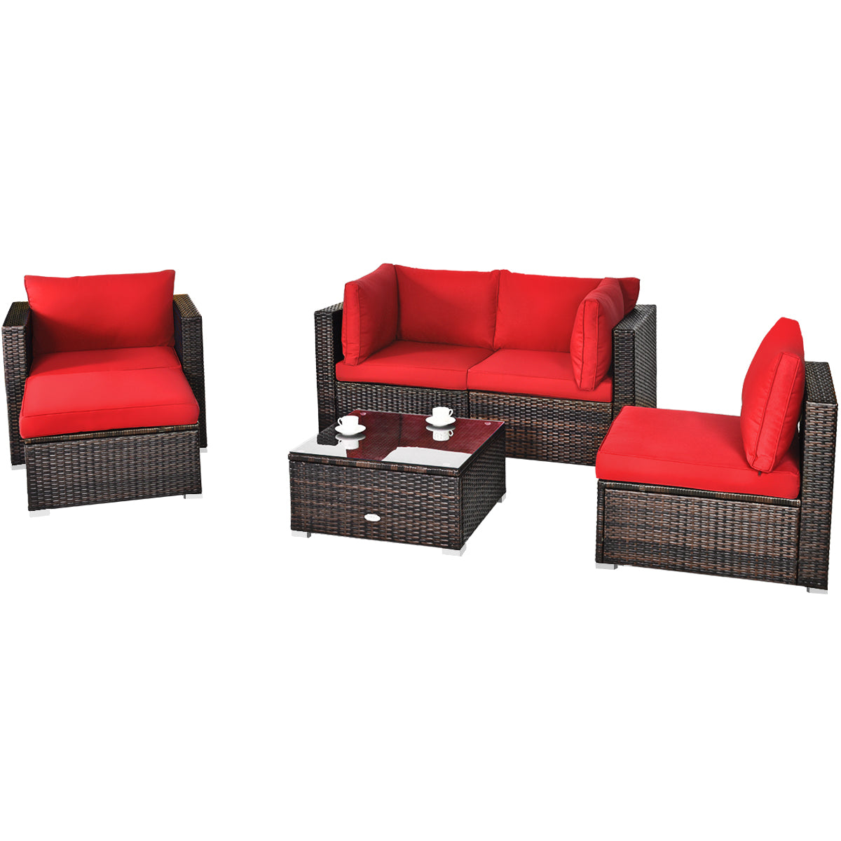 Patiojoy 6PCS Rattan Patio Furniture Set Cushioned Sofa Chair Ottoman Red/Navy/Turquoise/Black/White