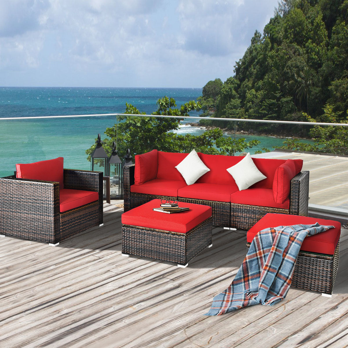 Patiojoy 6PCS Rattan Patio Furniture Set Cushioned Sofa Chair Ottoman Red/Navy/Turquoise/Black/White