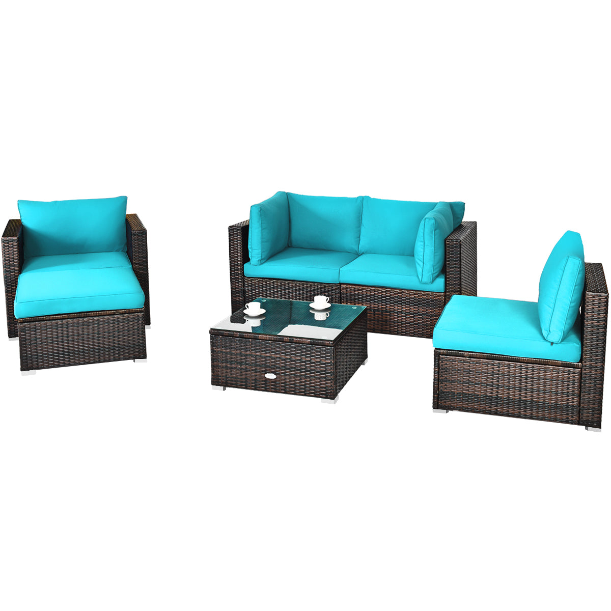 Patiojoy 6PCS Rattan Patio Furniture Set Cushioned Sofa Chair Ottoman Red/Navy/Turquoise/Black/White