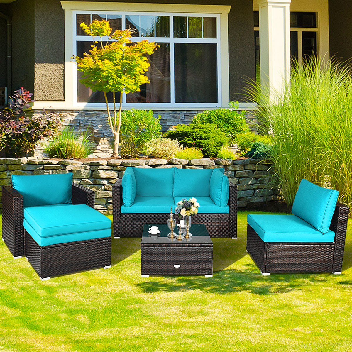 Patiojoy 6PCS Rattan Patio Furniture Set Cushioned Sofa Chair Ottoman Red/Navy/Turquoise/Black/White