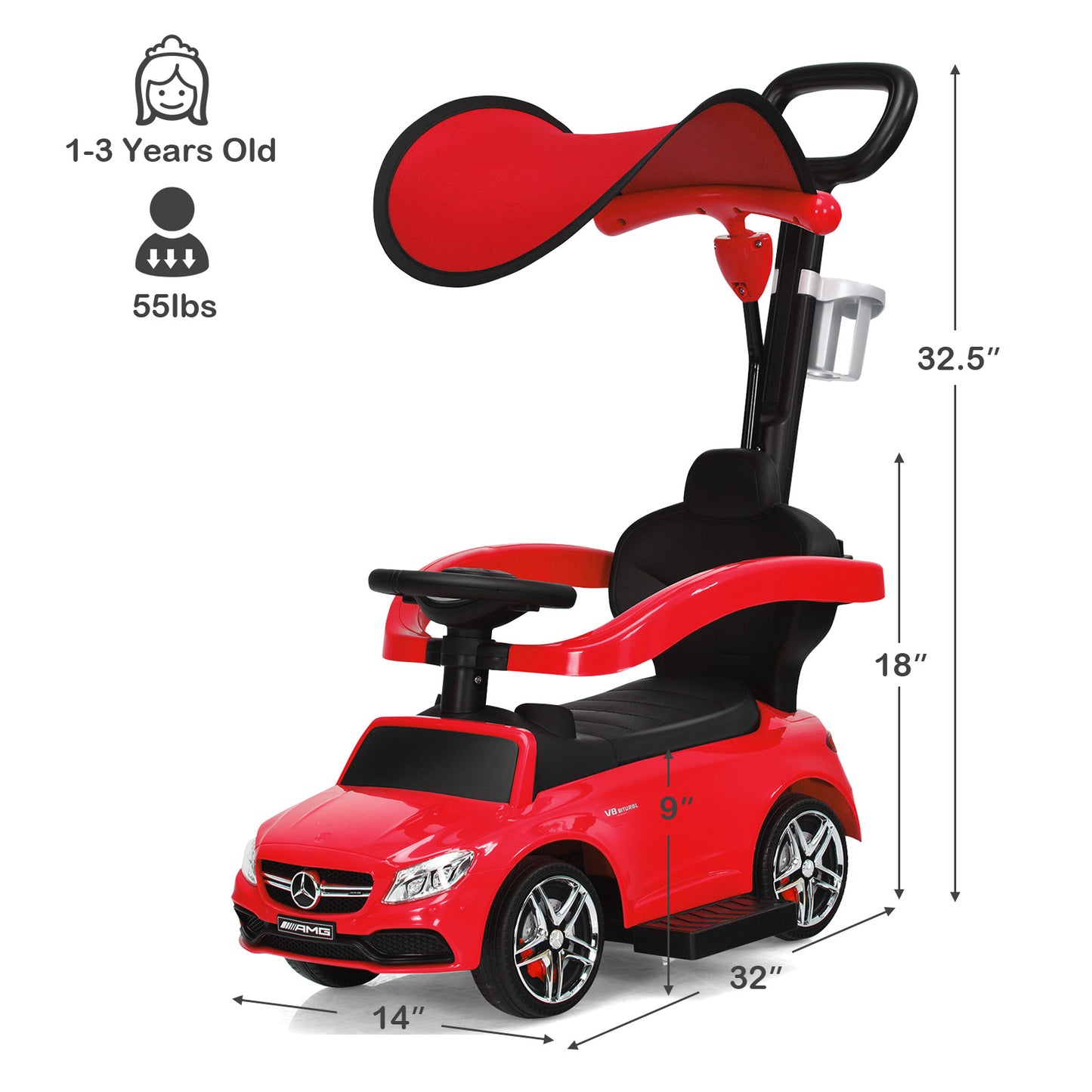 Topbuy 3 in 1 Ride On Push Car Mercedes Benz For Toddlers Stroller Sliding Walking Car With Sun Canopy Blue/Red/White