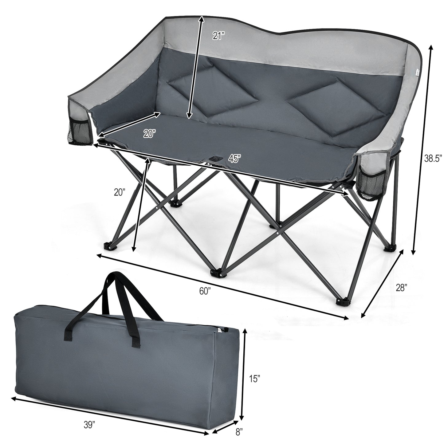 Topbuy Camping Folding Chair Heavy Duty Loveseat Portable Double Chair with Steel Frame for Outdoor Carrying Bag Gray/Blue