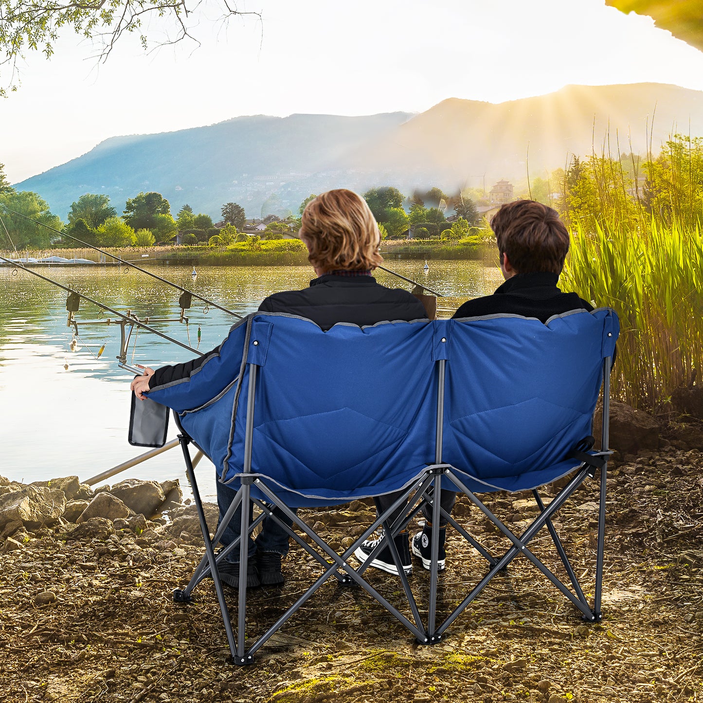 Topbuy Camping Folding Chair Heavy Duty Loveseat Portable Double Chair with Steel Frame for Outdoor Carrying Bag Gray/Blue