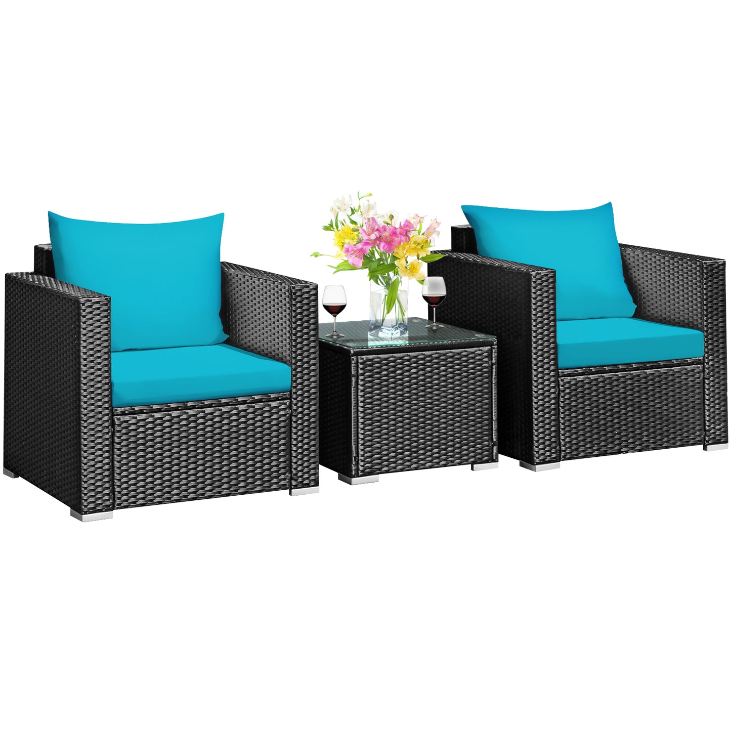 Patiojoy 3PCS Patio Rattan Furniture Conversation Set with 2 Cushioned Sofas & Coffee Table for Outdoor Red/Turquoise/Navy/White/Black