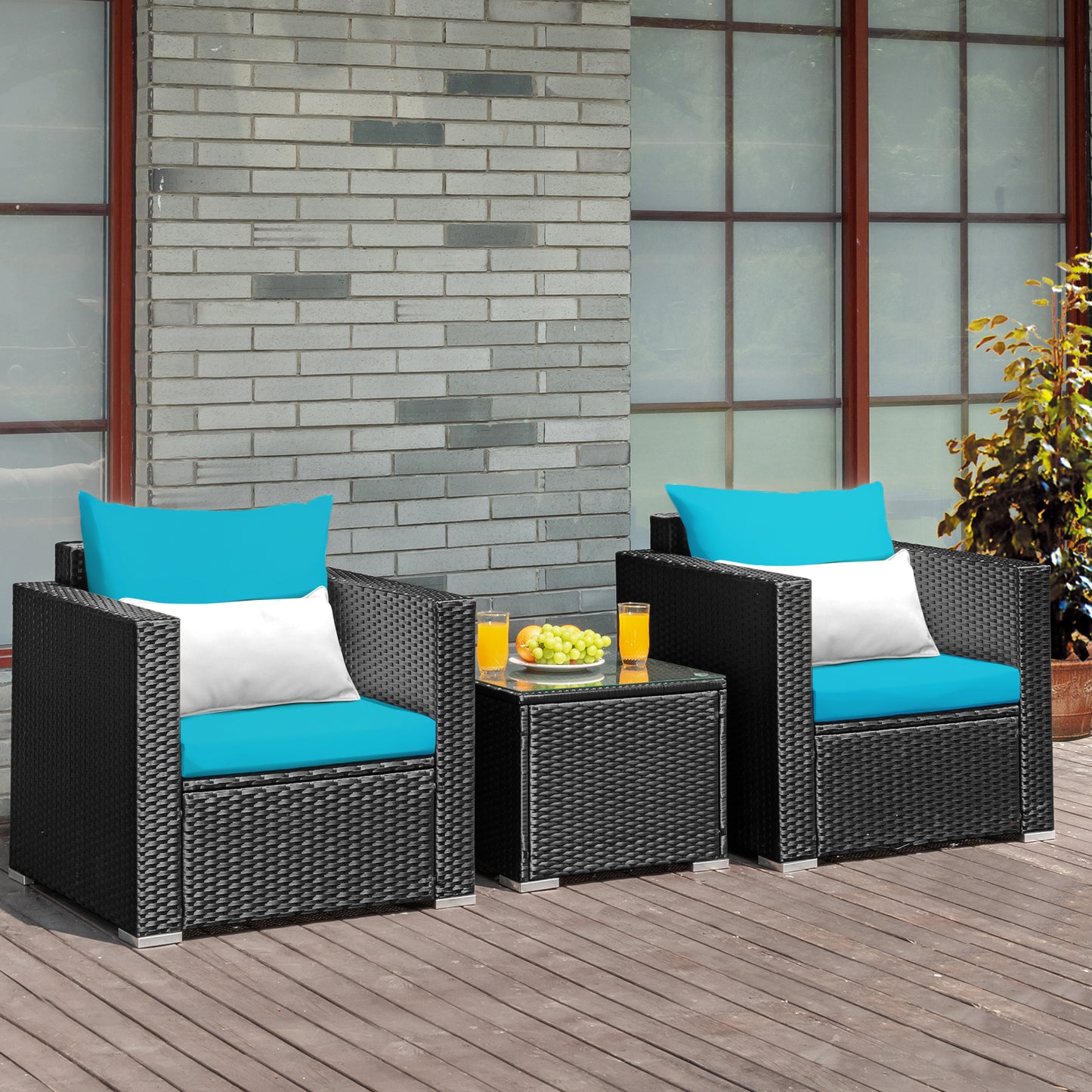 Patiojoy 3PCS Patio Rattan Furniture Conversation Set with 2 Cushioned Sofas & Coffee Table for Outdoor Red/Turquoise/Navy/White/Black