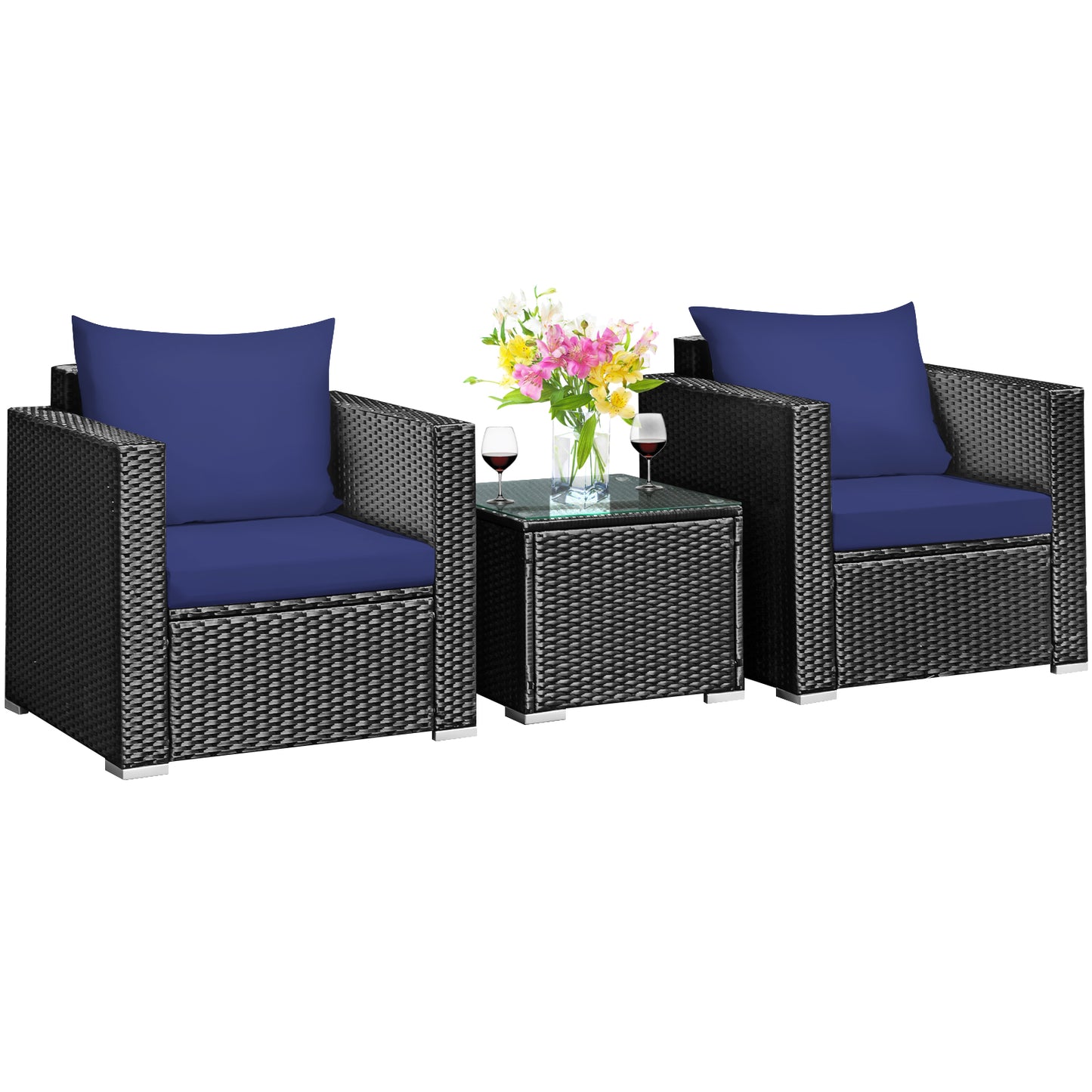 Patiojoy 3PCS Patio Rattan Furniture Conversation Set with 2 Cushioned Sofas & Coffee Table for Outdoor Red/Turquoise/Navy/White/Black