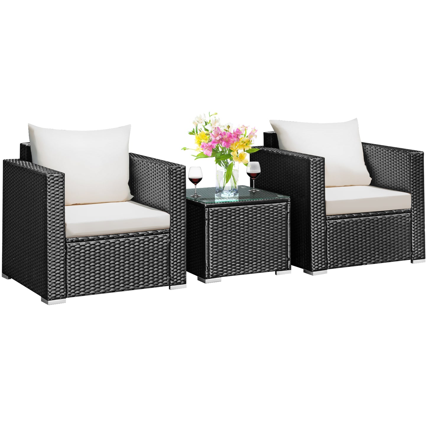 Patiojoy 3PCS Patio Rattan Furniture Conversation Set with 2 Cushioned Sofas & Coffee Table for Outdoor Red/Turquoise/Navy/White/Black