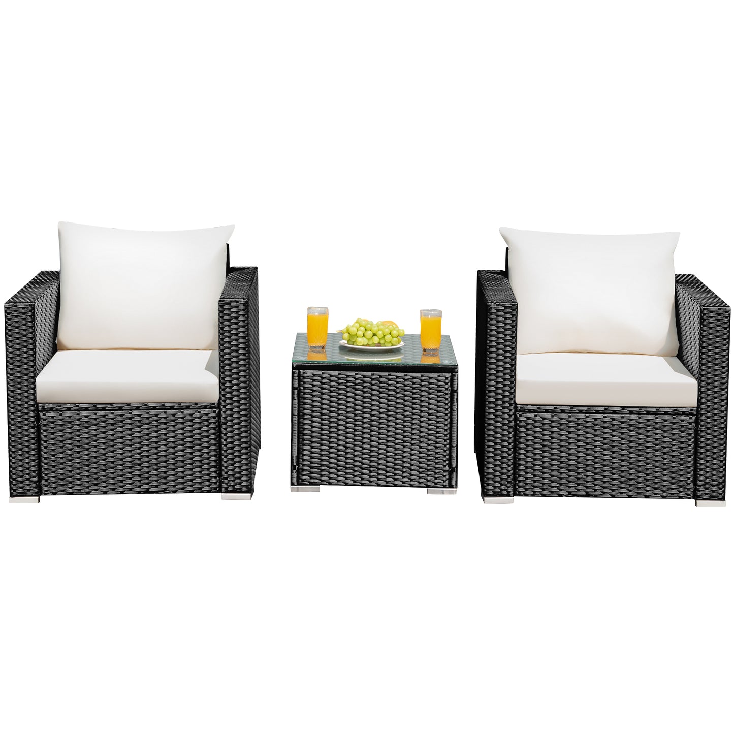 Patiojoy 3PCS Patio Rattan Furniture Conversation Set with 2 Cushioned Sofas & Coffee Table for Outdoor Red/Turquoise/Navy/White/Black