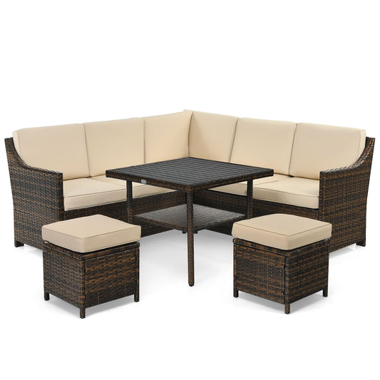 Patiojoy 6PCS Patio Rattan Furniture Set All-Weather Sectional Cushioned Sofa Ottoman Dining Table Lower Shelf