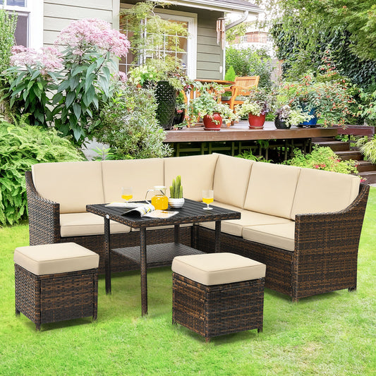 Patiojoy 6PCS Patio Rattan Furniture Set All-Weather Sectional Cushioned Sofa Ottoman Dining Table Lower Shelf