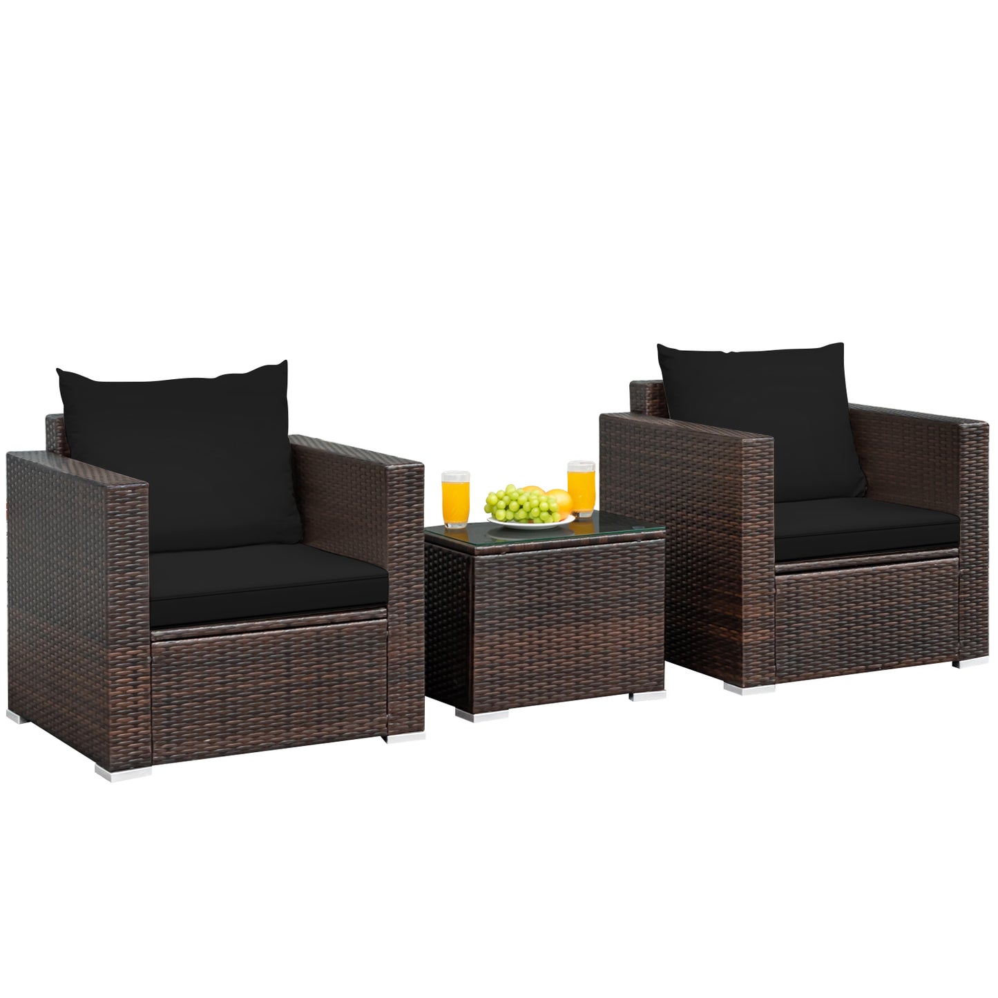 Patiojoy 3PCS Patio Rattan Furniture Set with 2 Cushioned Sofas & Coffee Table for Outdoor Red/Turquoise/Black/Navy/Brown