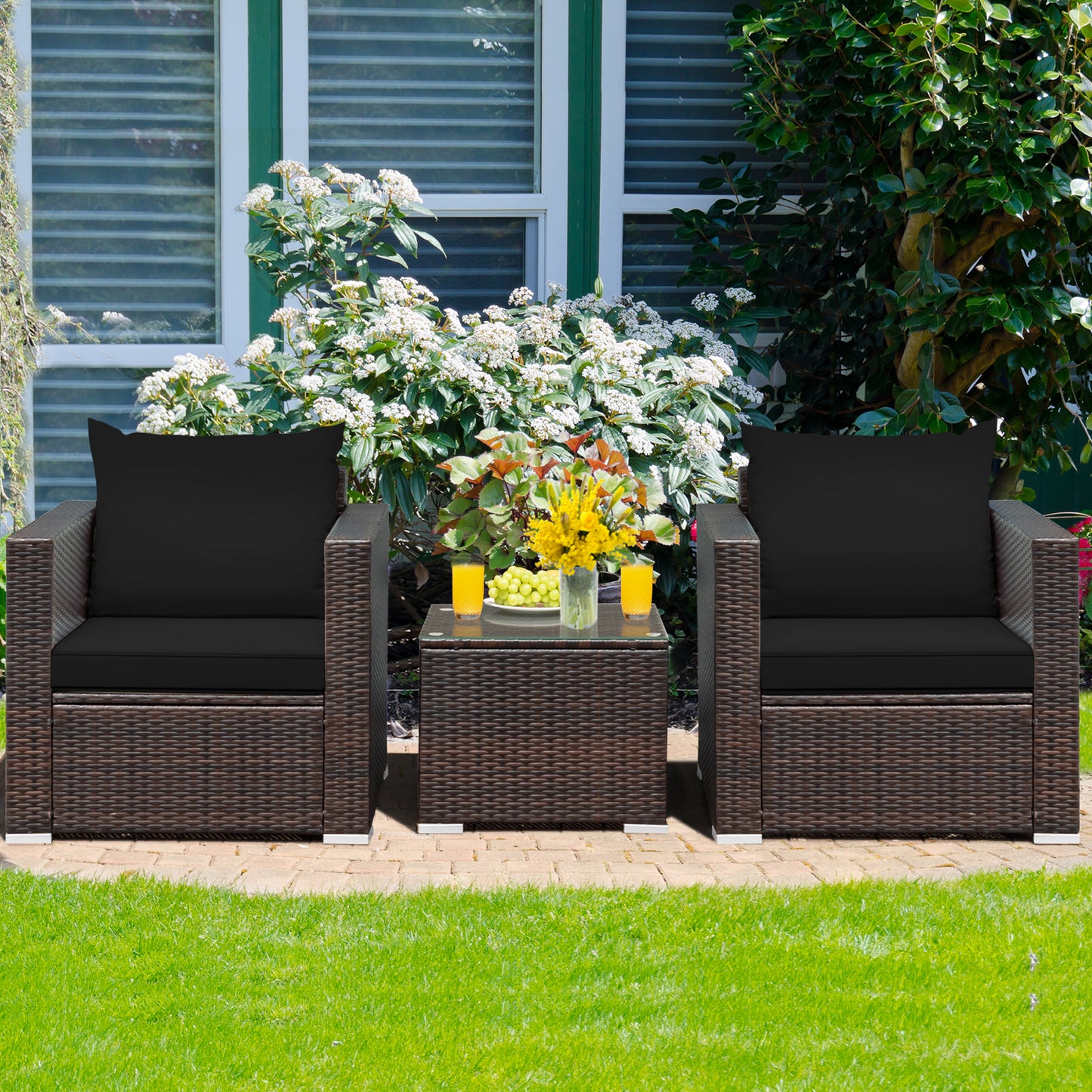 Patiojoy 3PCS Patio Rattan Furniture Set with 2 Cushioned Sofas & Coffee Table for Outdoor Red/Turquoise/Black/Navy/Brown