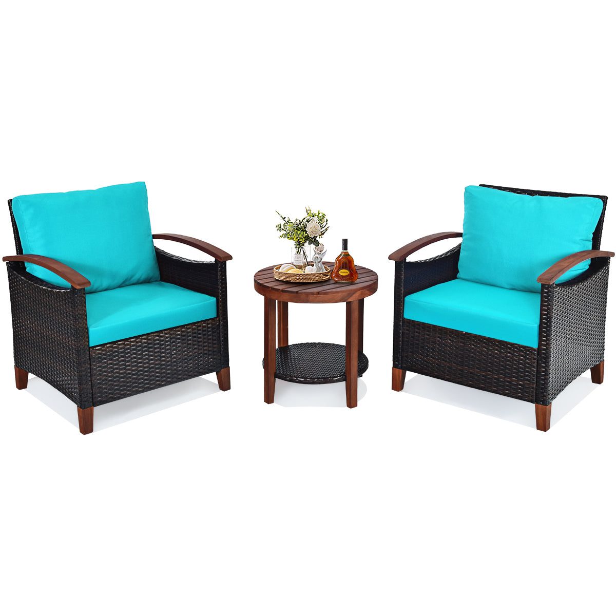 Patiojoy 3-Piece Patio Rattan Bistro Set Acacia Wood Frame Sofa and Side Table Beige/Blue/Red/Turquoise