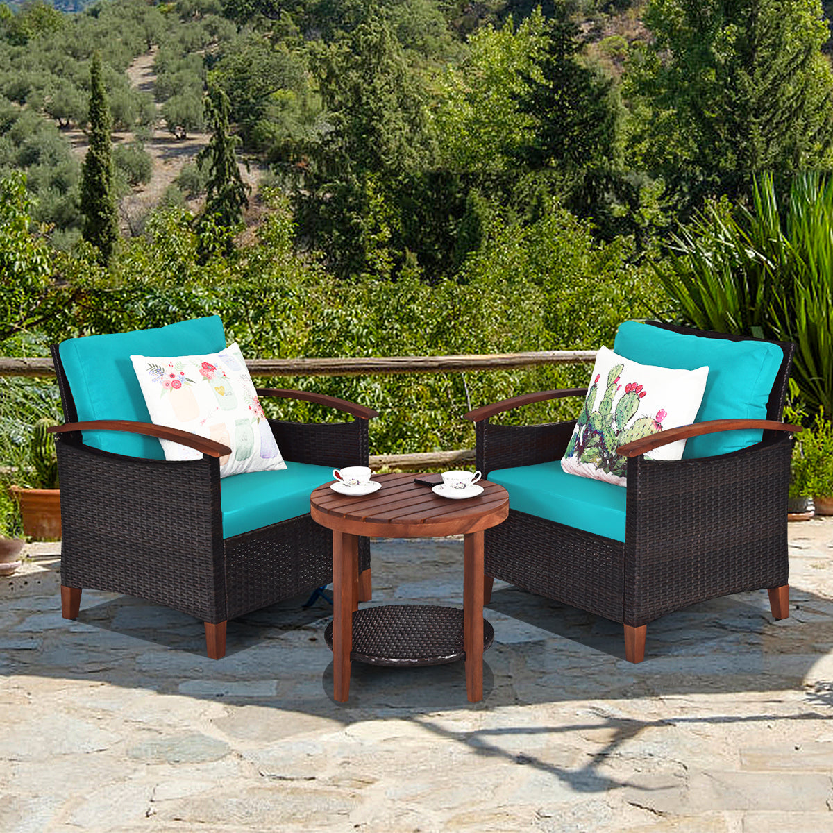 Patiojoy 3-Piece Patio Rattan Bistro Set Acacia Wood Frame Sofa and Side Table Beige/Blue/Red/Turquoise