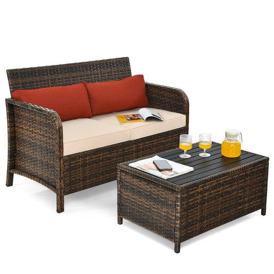 Patiojoy 2PCS Patio Rattan Furniture Set Loveseat w/Coffee Table for Garden Porch Backyard Brown