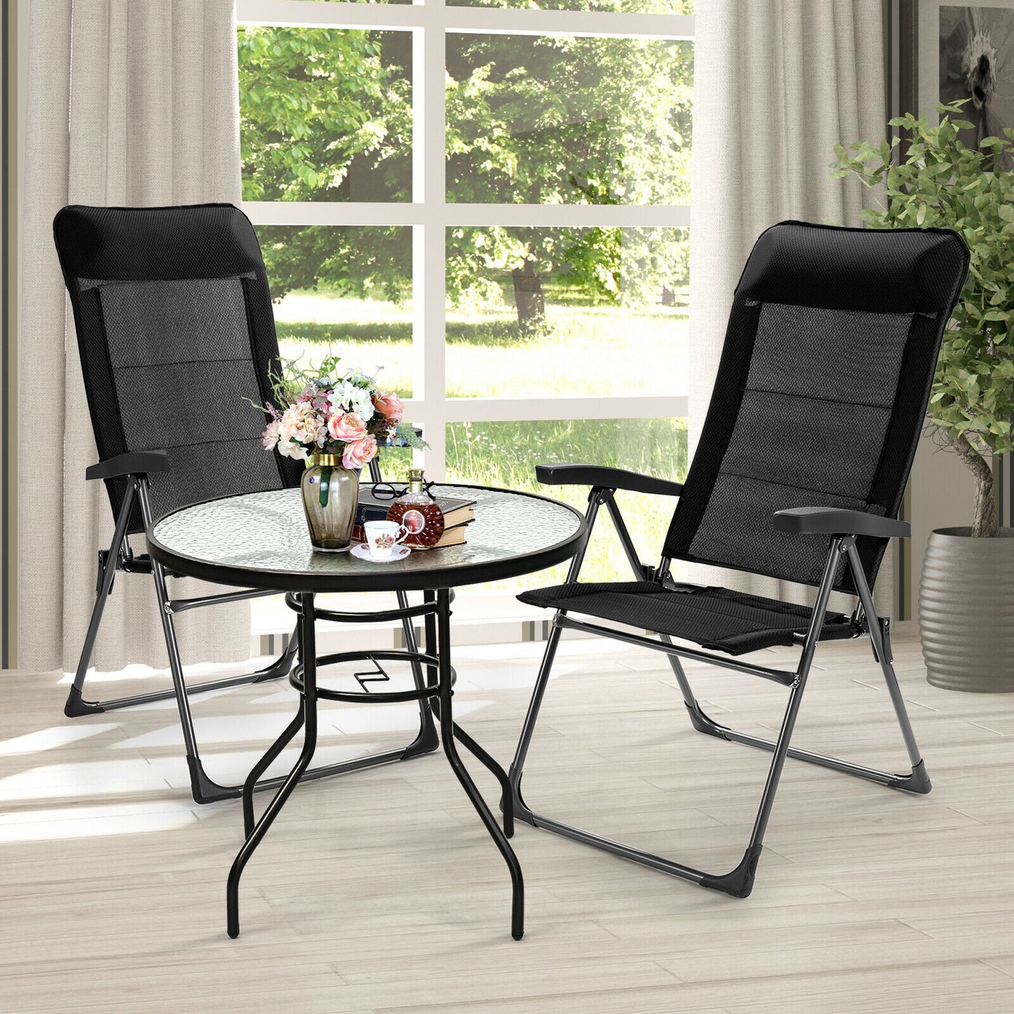 Patiojoy 2PCS Outdoor Patio Folding Dining Chairs with Reclining Backrest and Headrest Black