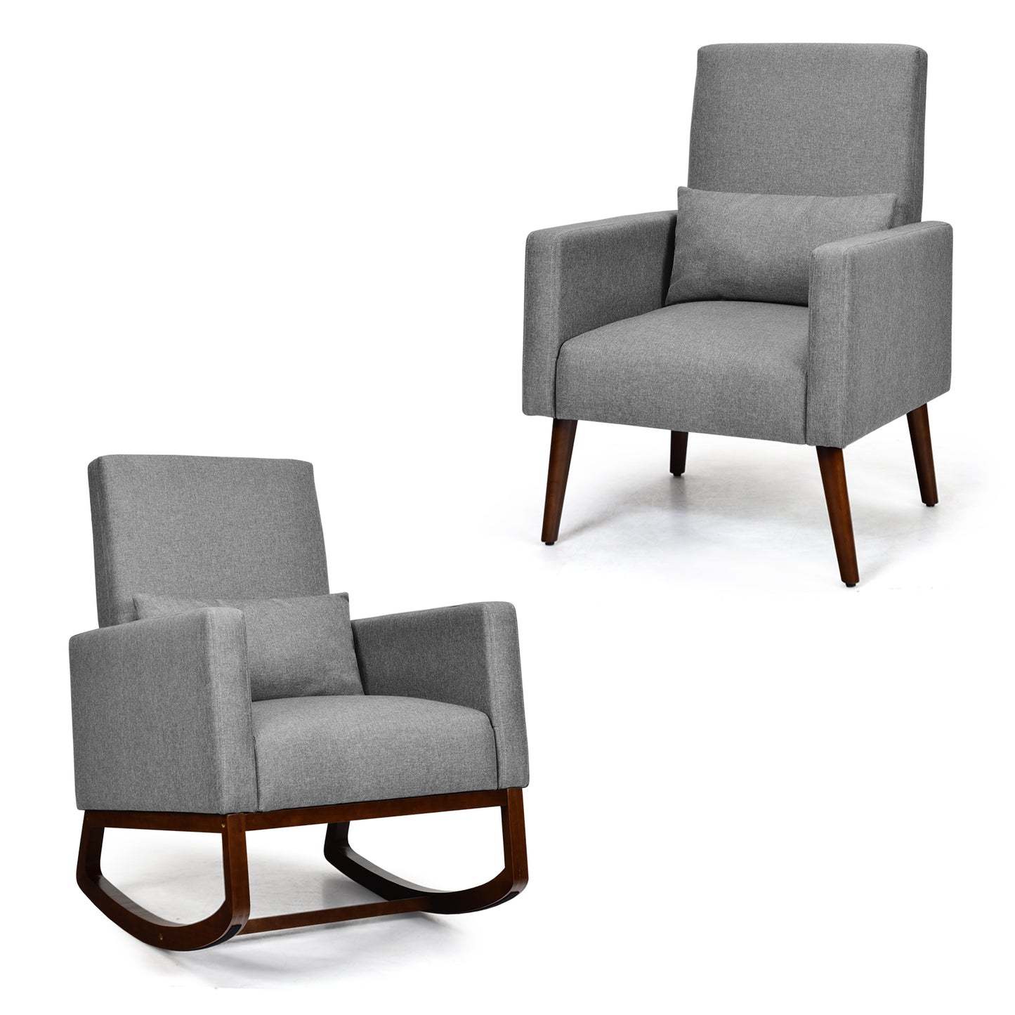 Topbuy Set of 2 Dual-use Upholstered Rocking Chair with Wood Leg & Pillow Relax Sofa Chair Beige/Dark Gray/Light Gray