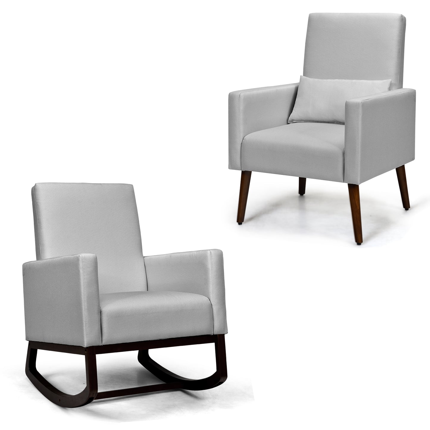 Topbuy Set of 2 Dual-use Upholstered Rocking Chair with Wood Leg & Pillow Relax Sofa Chair Beige/Dark Gray/Light Gray