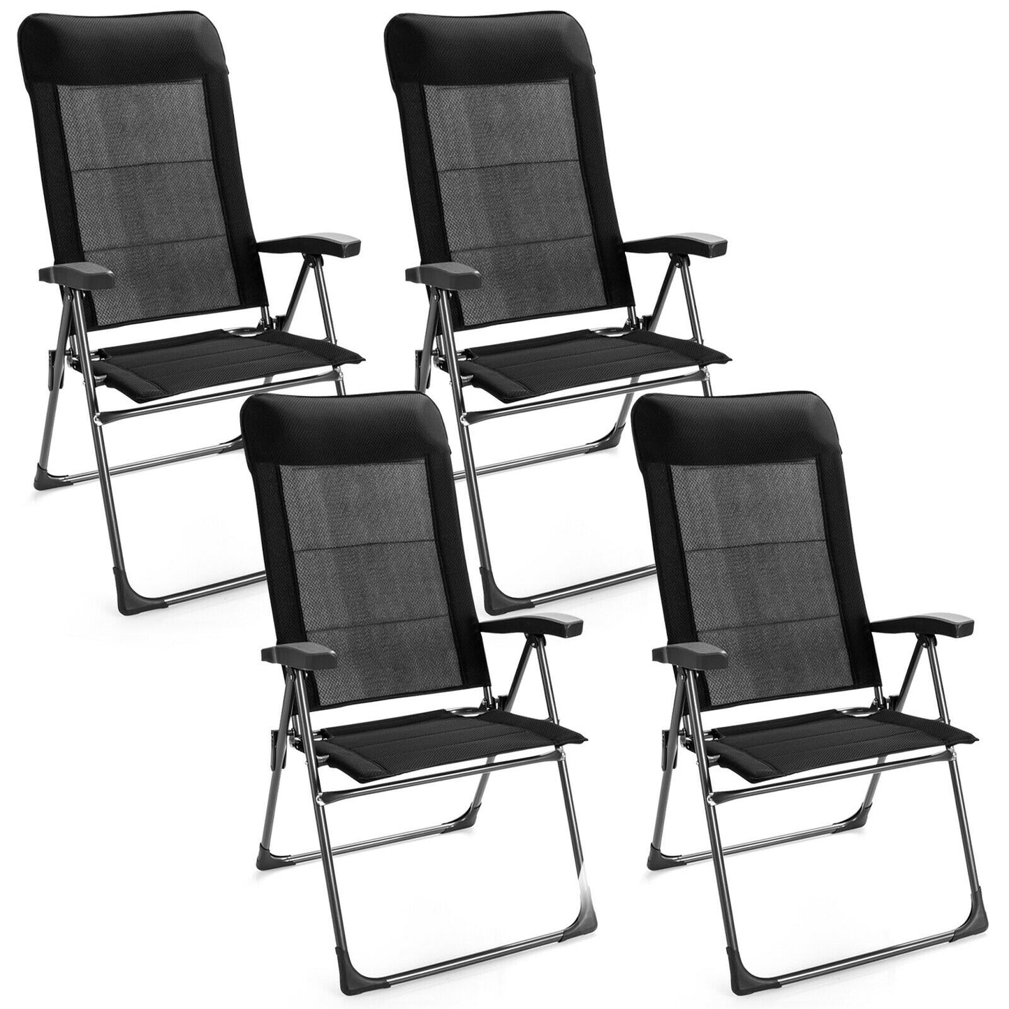 Patiojoy 4PCS Outdoor Patio Folding Dining Chairs with Reclining Backrest and Headrest Black