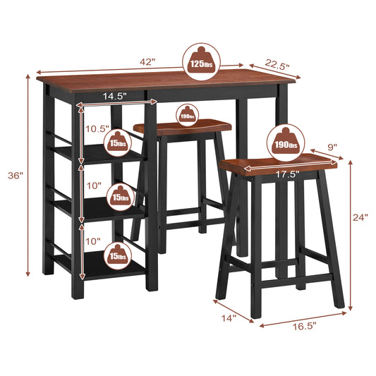 Topbuy 3 PCS Dining Table Set Counter Height Dining Set with 3-Tier Storage Shelf&2 Saddle Stools Walnut