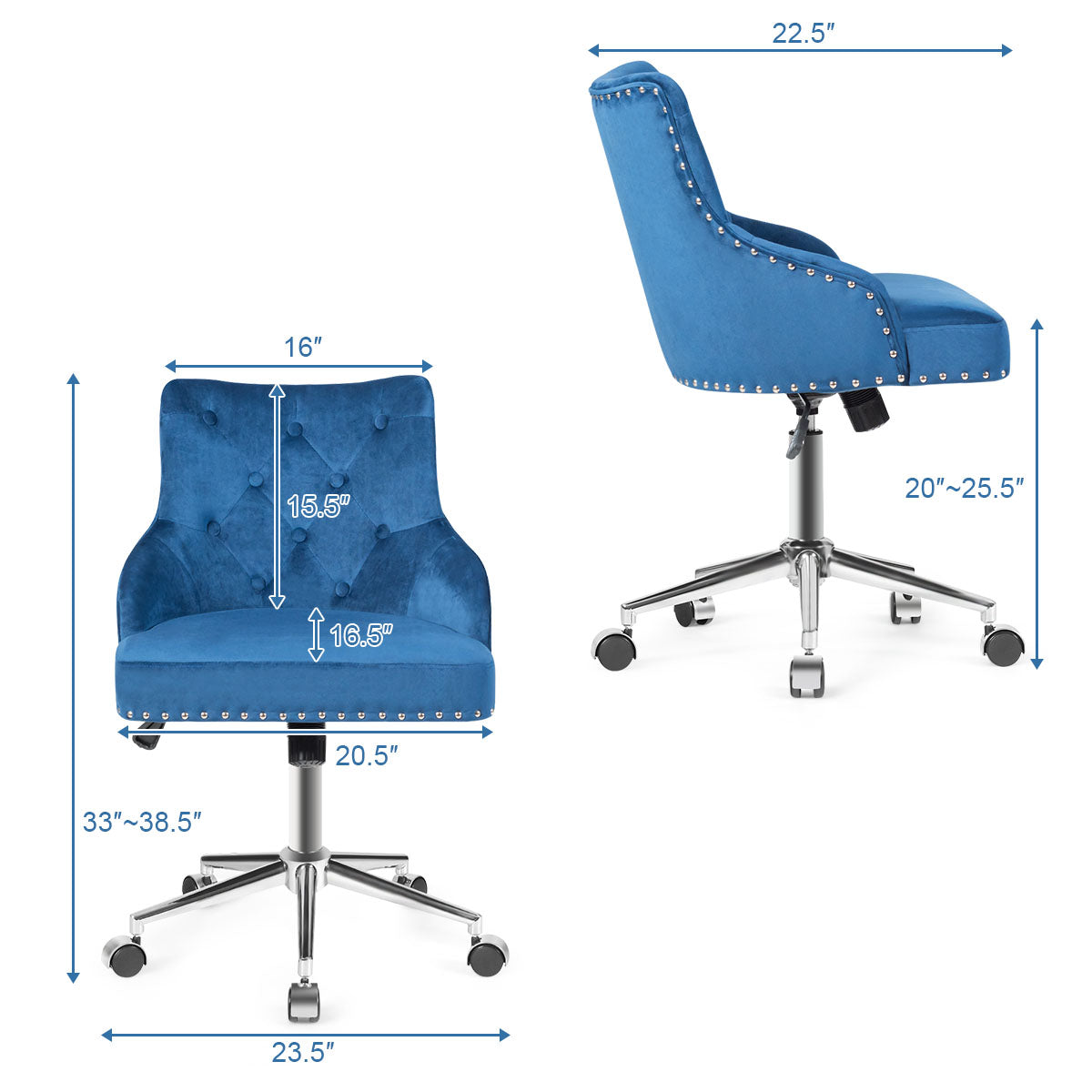 Topbuy Velvet Desk Chair Upholstered 360??Swivel Height Adjustable Rolling Office Chair for Office Bedroom Living Room Blue/Grey/Turquoise