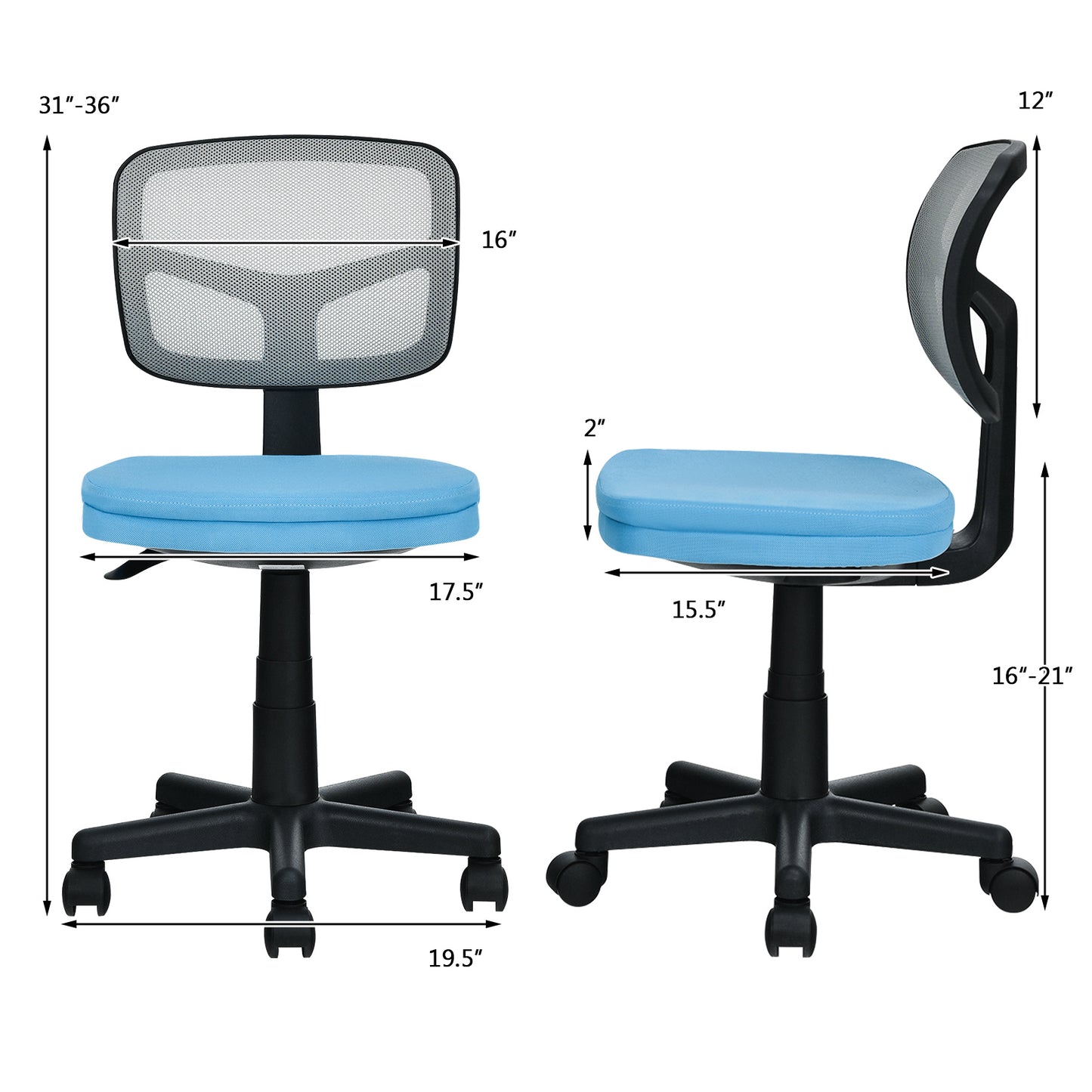 Topbuy Armless Mesh Office Chair Ergonomic Swivel Computer Desk Chair Height Adjustable Task Chair for Adults and Kids Blue/Black/Gray/Green