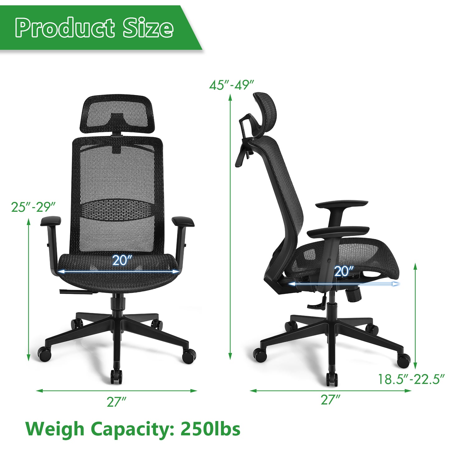 Topbuy High Back Mesh Office Chair Ergonomic Executive Chair Swivel Computer Task Chair w/ Headrest Black/Grey