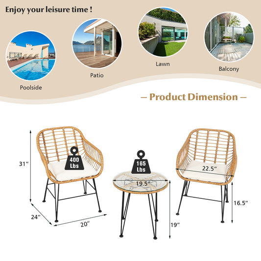 Patiojoy 3 Pieces Patio Furniture Set w/Tempered Glass Coffee Table Set for Garden and Backyard