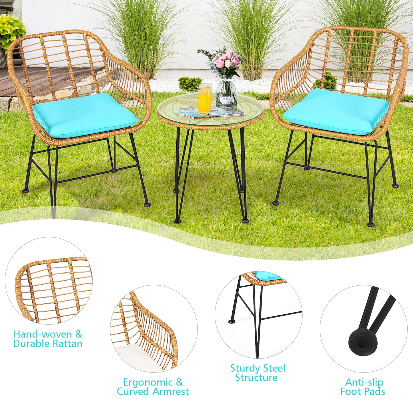 Patiojoy 3 Pieces Patio Furniture Set w/Tempered Glass Coffee Table Set for Garden and Backyard