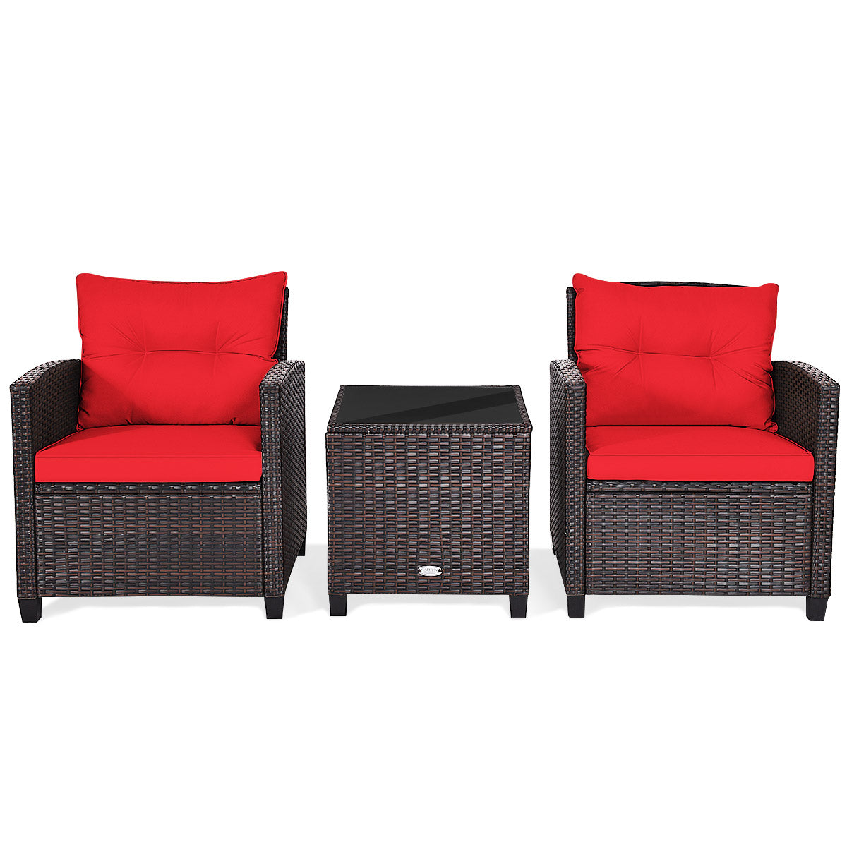 Patiojoy 3PCS Wicker Cushioned Conversation Set Outdoor Rattan Furniture w/Beige/Red/Black/Navy/Off White/Turquoise Cushions