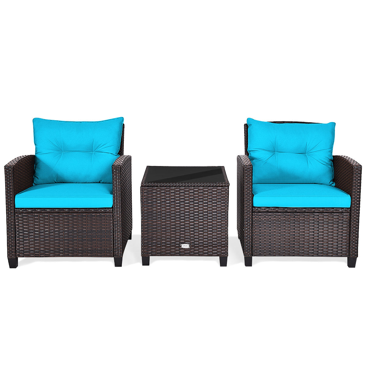 Patiojoy 3PCS Wicker Cushioned Conversation Set Outdoor Rattan Furniture w/Beige/Red/Black/Navy/Off White/Turquoise Cushions