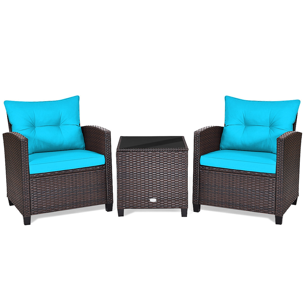 Patiojoy 3PCS Wicker Cushioned Conversation Set Outdoor Rattan Furniture w/Beige/Red/Black/Navy/Off White/Turquoise Cushions