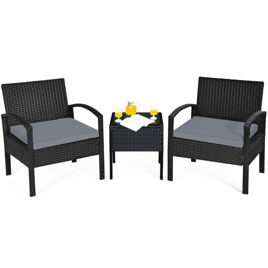 Patiojoy 3 Pieces Patio Set Outdoor Wicker Rattan Furniture w/ Cushions Gray