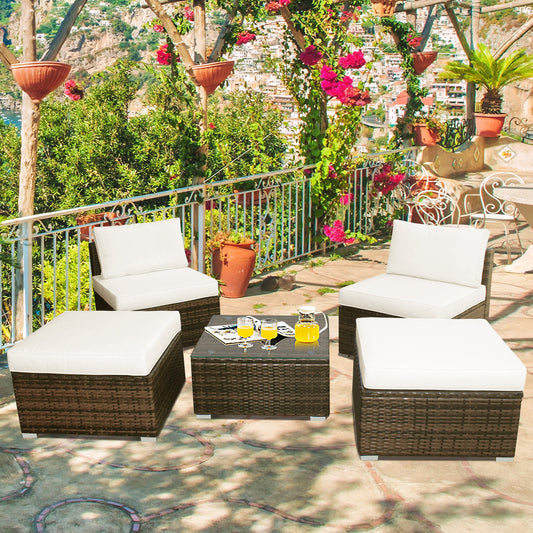 Patiojoy 5-Piece Outdoor Rattan Wicker Sofa Set Lounge Chair with White Cushions