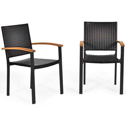 Patiojoy Patio Rattan Dining Armchair 2 Set of Wicker Chair W/Steel Frame Acacia Armrests Indoor&Outdoor