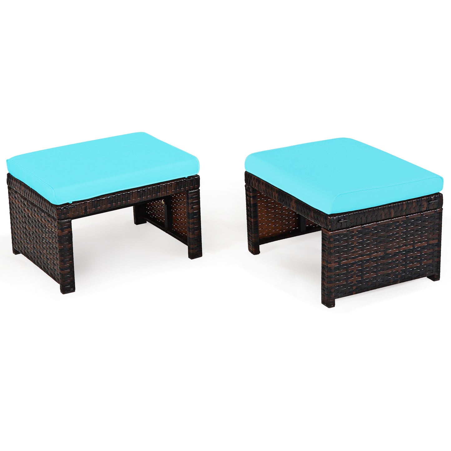 Patiojoy 2 PCS Outdoor Wicker Ottoman Patio Rattan Furniture Metal Footrest Seat Square Footstool with Cushion White/Red/Turquoise/Gray