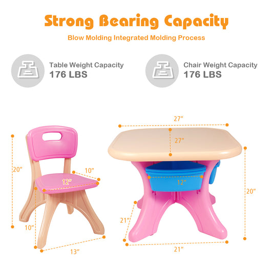 Topbuy 3 PCS Kids Activity Storage Table & Chair Set Pink