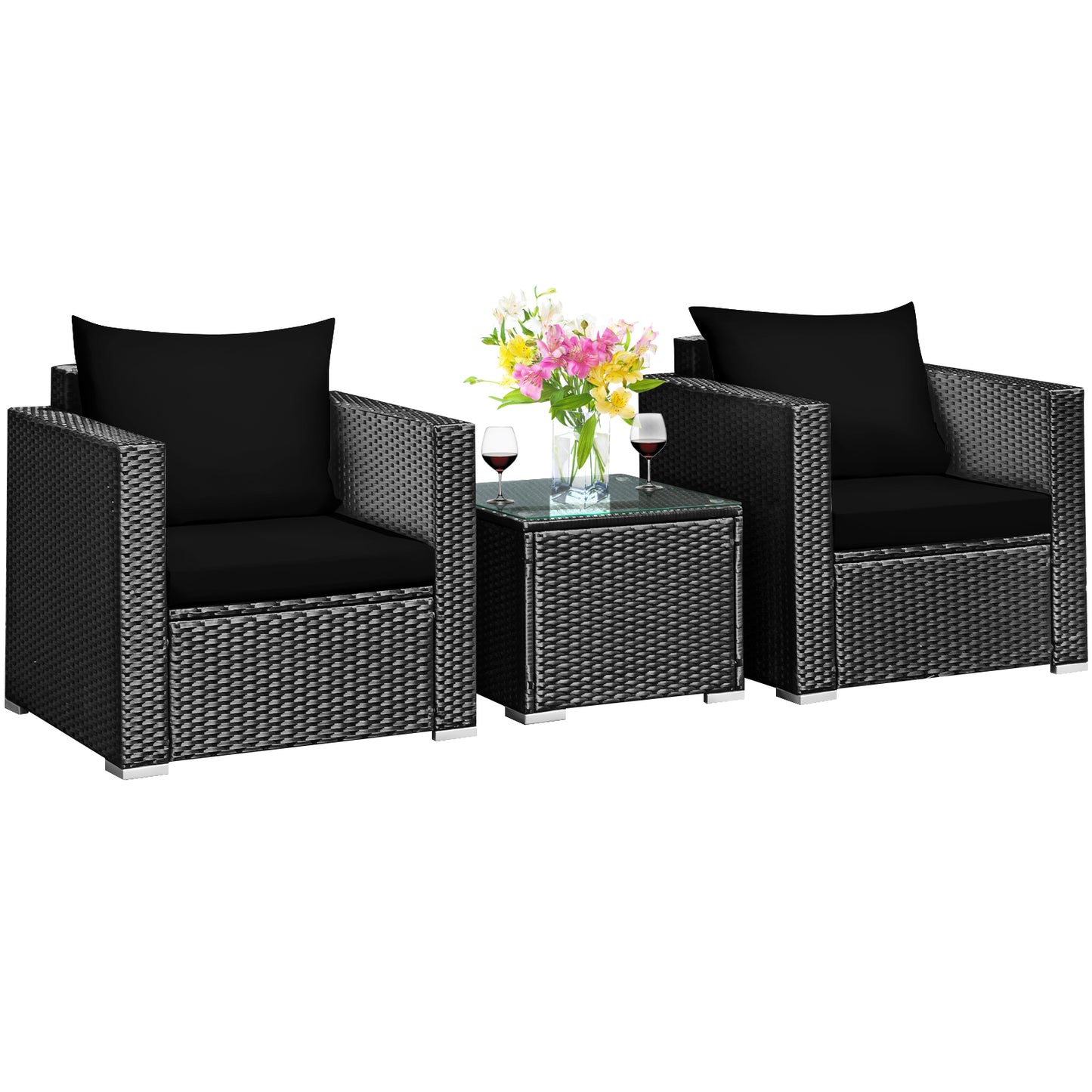 Patiojoy 3PCS Patio Rattan Furniture Conversation Set with 2 Cushioned Sofas & Coffee Table for Outdoor Red/Turquoise/Navy/White/Black