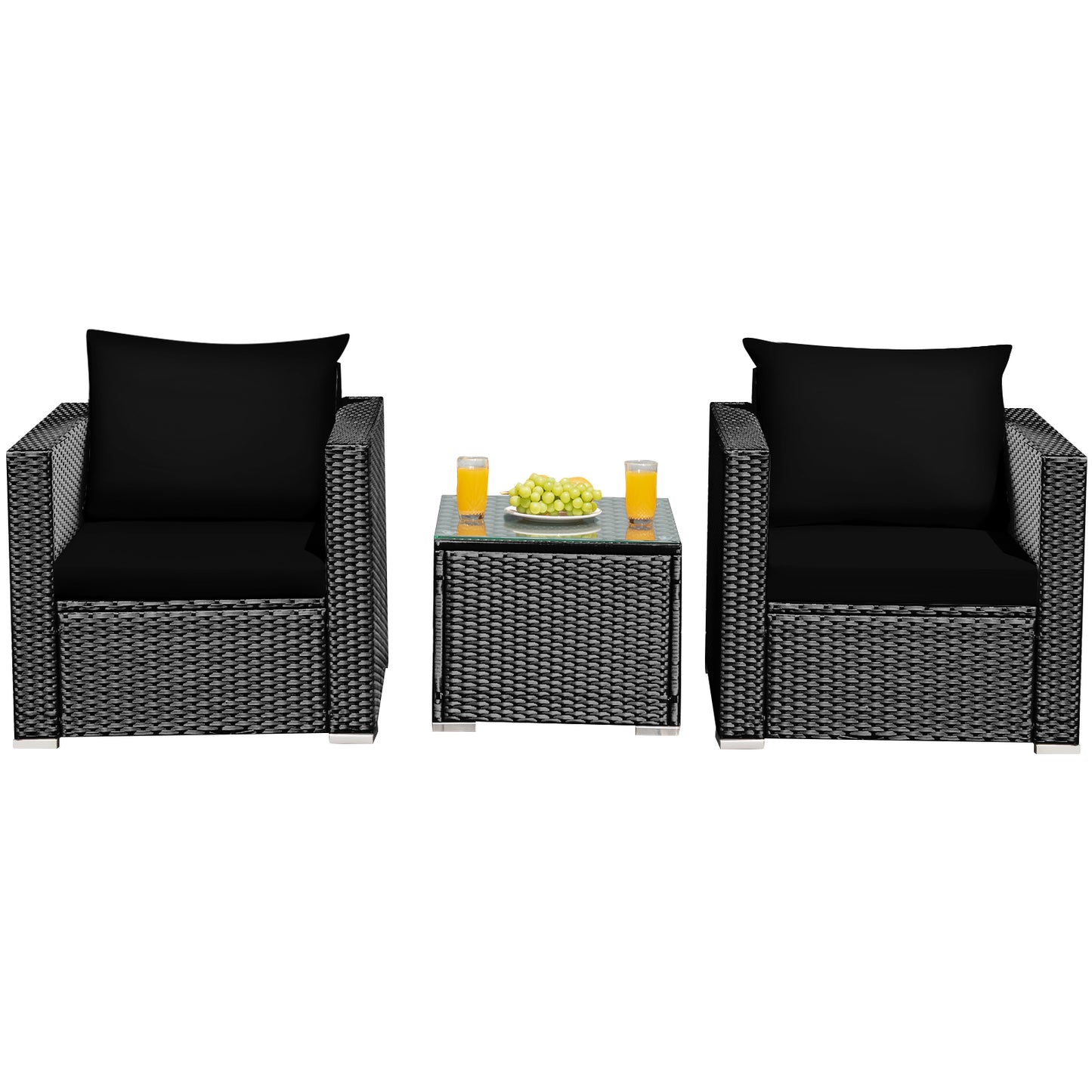 Patiojoy 3PCS Patio Rattan Furniture Conversation Set with 2 Cushioned Sofas & Coffee Table for Outdoor Red/Turquoise/Navy/White/Black