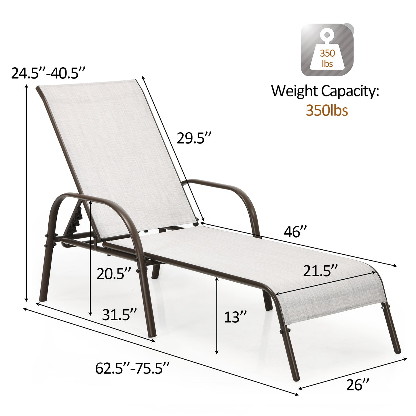 Patiojoy 2 PCS Outdoor Chaise Lounge Chair Adjustable Reclining Bed with Backrest& Armrest Gray