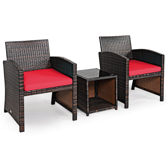 Patiojoy 3 PCS Patio Rattan Furniture Set Conversation Chair Set with Soft Cushion & Coffee Table for Backyard Poolside Garden Red/White/Turquoise/Gray