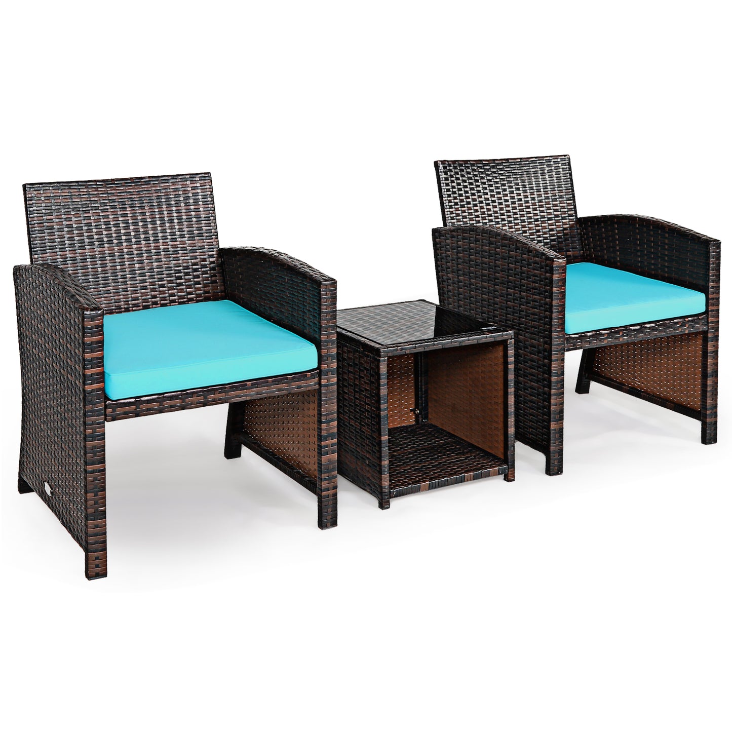 Patiojoy 3 PCS Patio Rattan Furniture Set Conversation Chair Set with Soft Cushion & Coffee Table for Backyard Poolside Garden Red/White/Turquoise/Gray