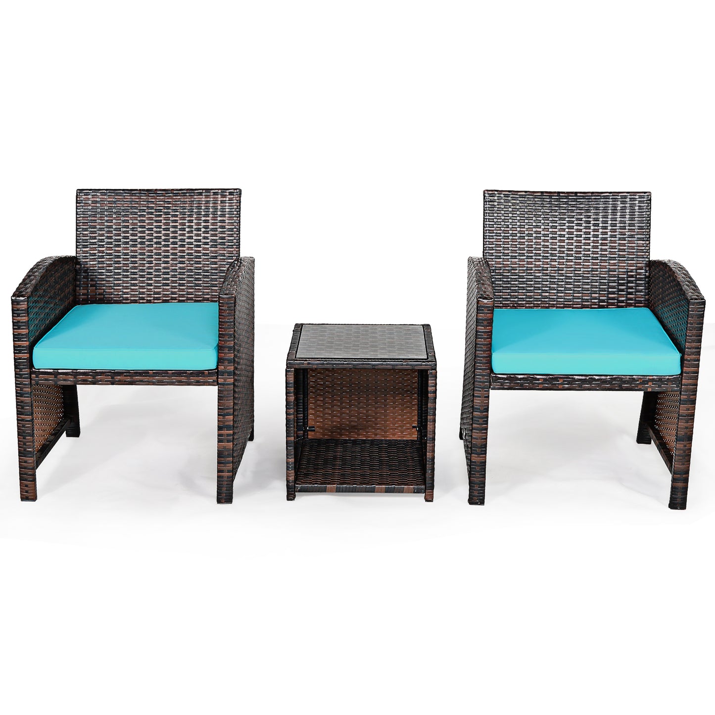 Patiojoy 3 PCS Patio Rattan Furniture Set Conversation Chair Set with Soft Cushion & Coffee Table for Backyard Poolside Garden Red/White/Turquoise/Gray