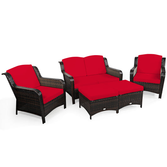 Patiojoy 5 PCS Patio Rattan Sectional Sofa Set Outdoor Furniture Conversation Set Cushioned Loveseat Sofa Ottoman Red/Navy/White/Turquoise/Black