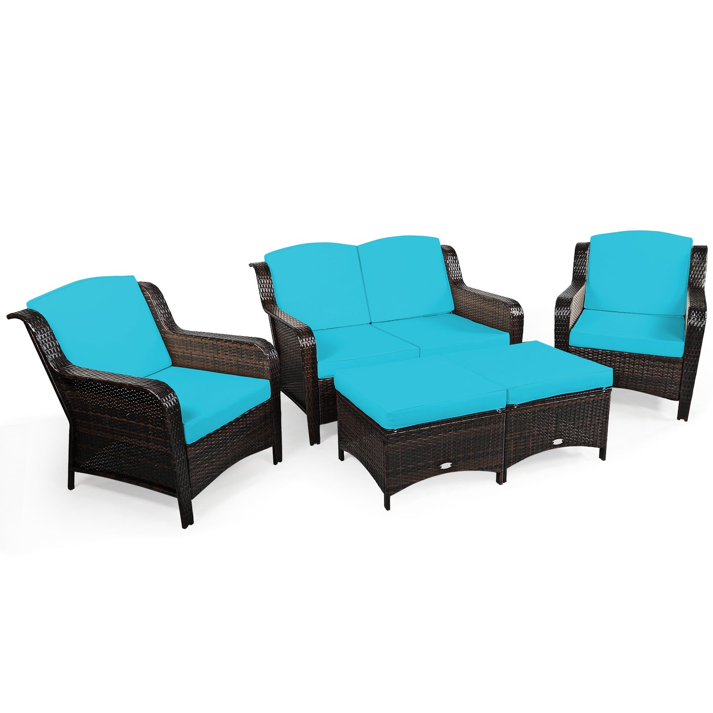 Patiojoy 5 PCS Patio Rattan Sectional Sofa Set Outdoor Furniture Conversation Set Cushioned Loveseat Sofa Ottoman Red/Navy/White/Turquoise/Black