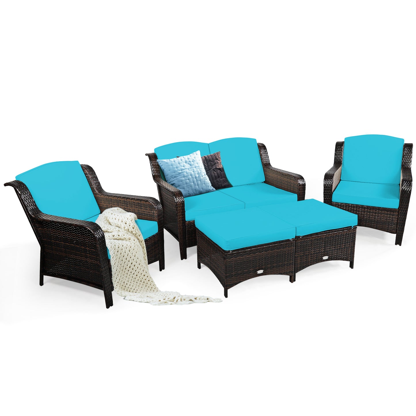 Patiojoy 5 PCS Patio Rattan Sectional Sofa Set Outdoor Furniture Conversation Set Cushioned Loveseat Sofa Ottoman Red/Navy/White/Turquoise/Black