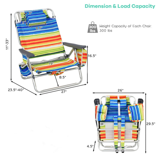 Patiojoy 2 Pack of Folding Beach Chair Portable Backpacking Chair with Cup Holder Headrest Storage Bag for Outdoor Yellow/Dark Blue/Blue