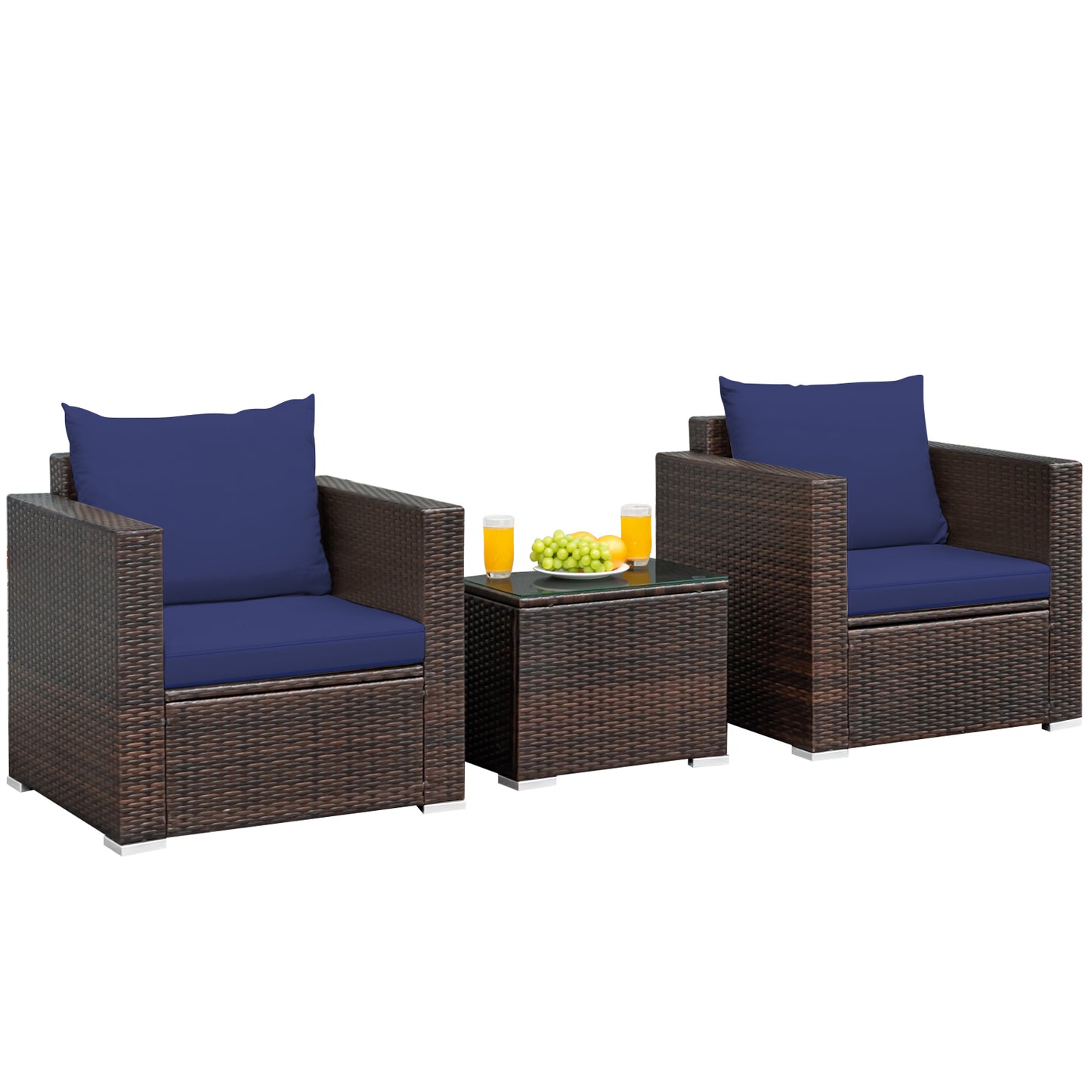 Patiojoy 3PCS Patio Rattan Furniture Set with 2 Cushioned Sofas & Coffee Table for Outdoor Red/Turquoise/Black/Navy/Brown