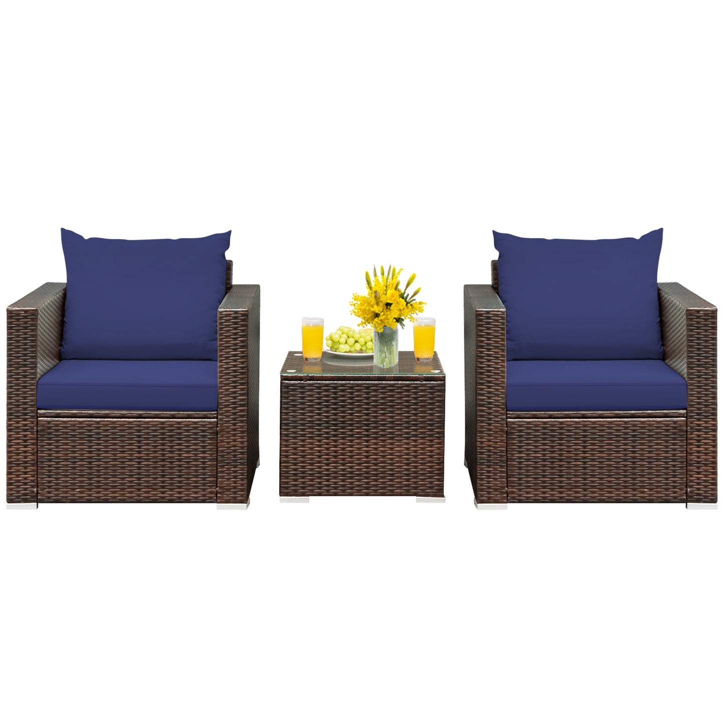 Patiojoy 3PCS Patio Rattan Furniture Set with 2 Cushioned Sofas & Coffee Table for Outdoor Red/Turquoise/Black/Navy/Brown