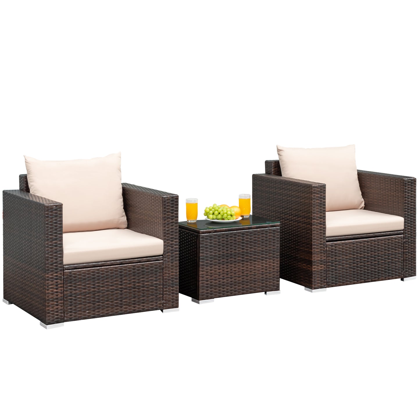 Patiojoy 3PCS Patio Rattan Furniture Set with 2 Cushioned Sofas & Coffee Table for Outdoor Red/Turquoise/Black/Navy/Brown